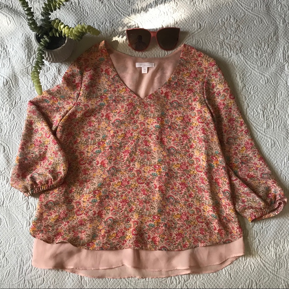 LC Lauren Conrad Pink Lace Blouse Floral XS